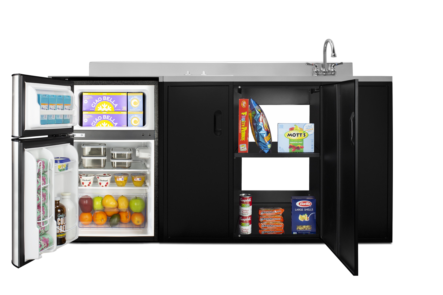 72 inch wide, ADA counter height all-in-one kitchenette in black with a 2-burner 115V smooth top cooktop, 2-door refrigerator-freezer, sink, and three storage cabinets